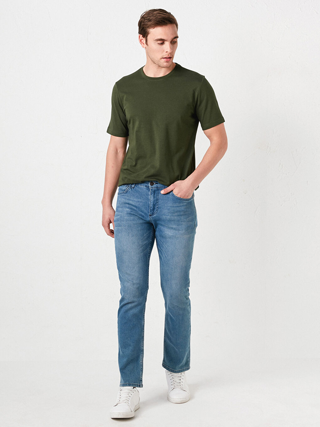 Yeşil Bisiklet Yaka Basic Kısa Kollu Pamuklu Erkek Tişört-3