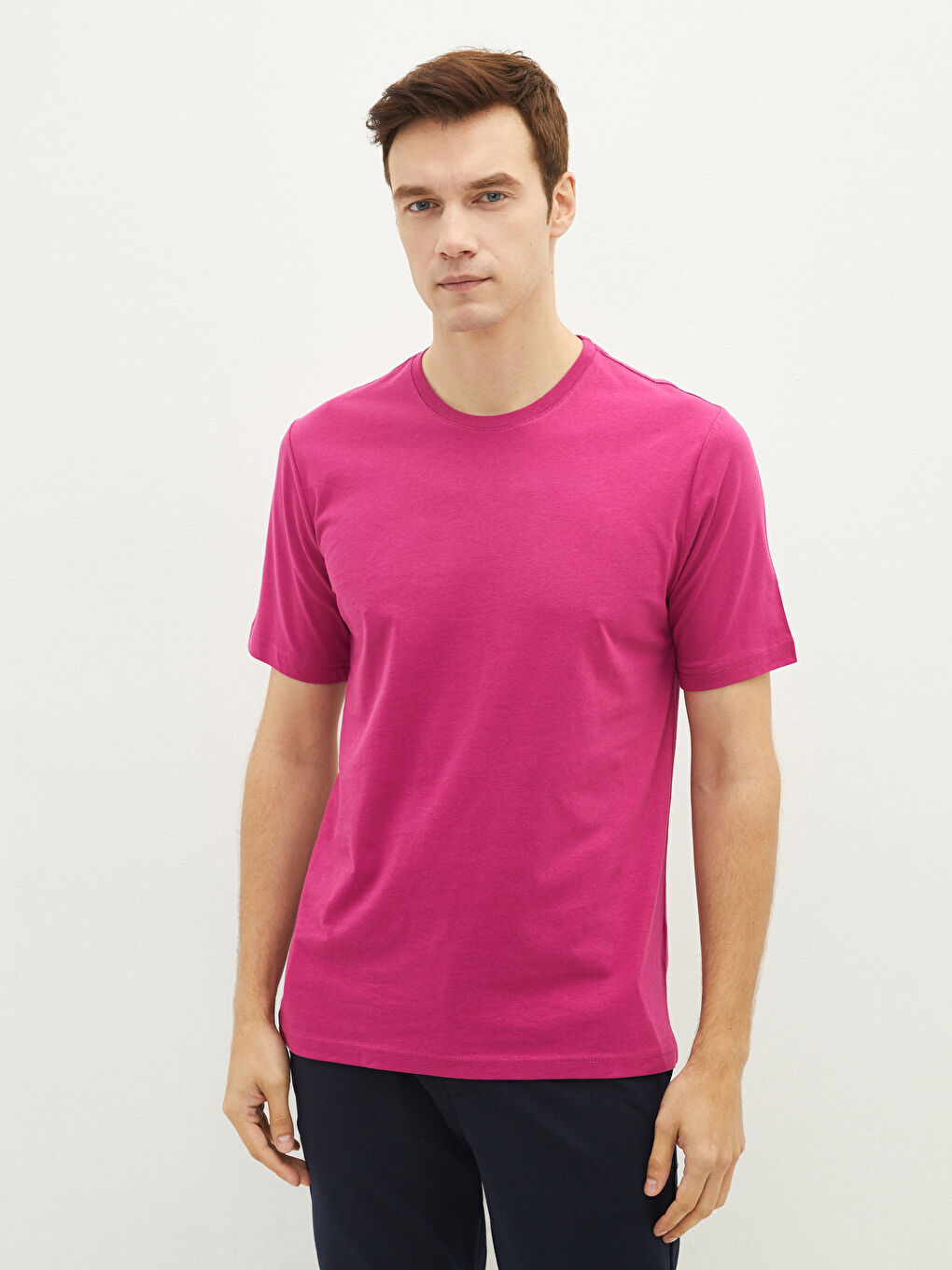 Fuşya Bisiklet Yaka Basic Kısa Kollu Pamuklu Erkek Tişört
