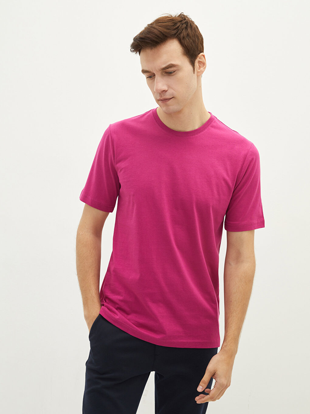 Fuşya Bisiklet Yaka Basic Kısa Kollu Pamuklu Erkek Tişört-1