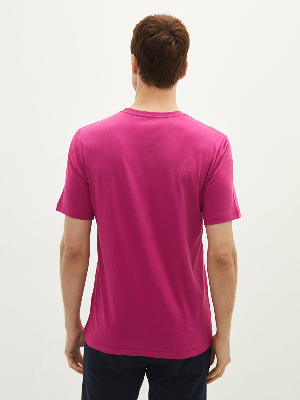 Fuşya Bisiklet Yaka Basic Kısa Kollu Pamuklu Erkek Tişört-4