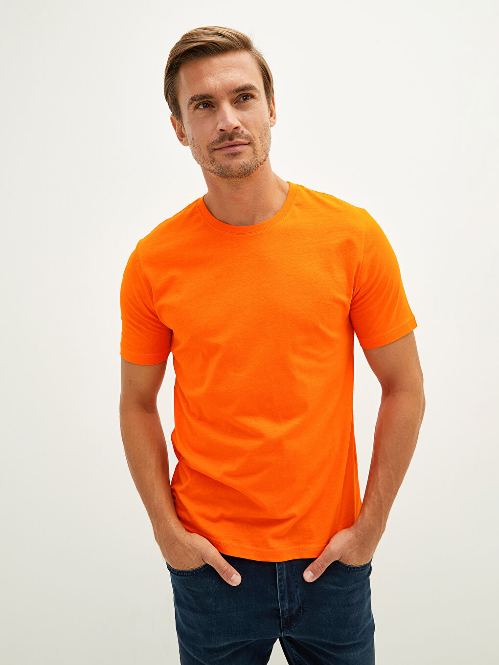Turuncu Bisiklet Yaka Basic Kısa Kollu Pamuklu Erkek Tişört-1