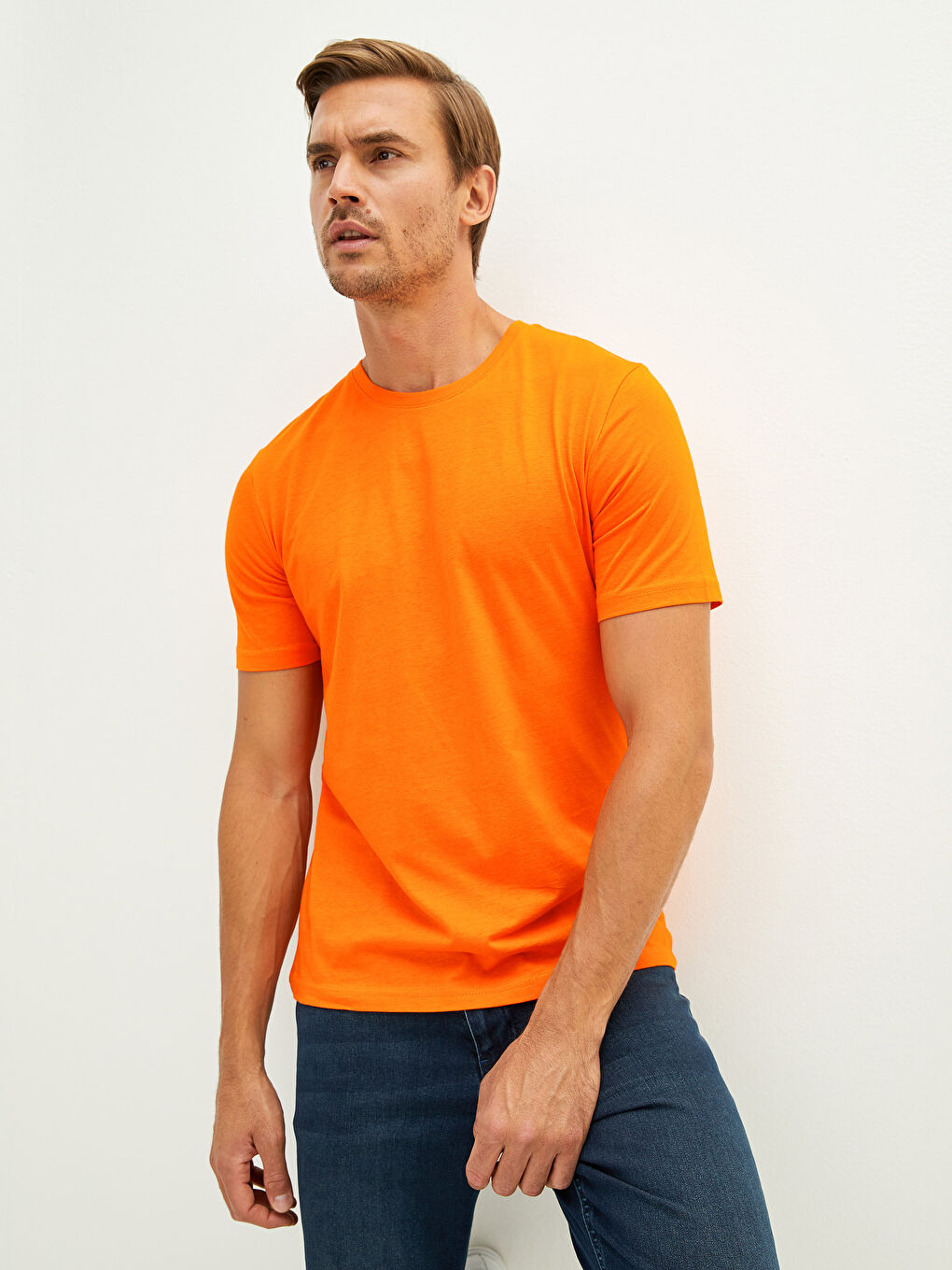 Turuncu Bisiklet Yaka Basic Kısa Kollu Pamuklu Erkek Tişört-2