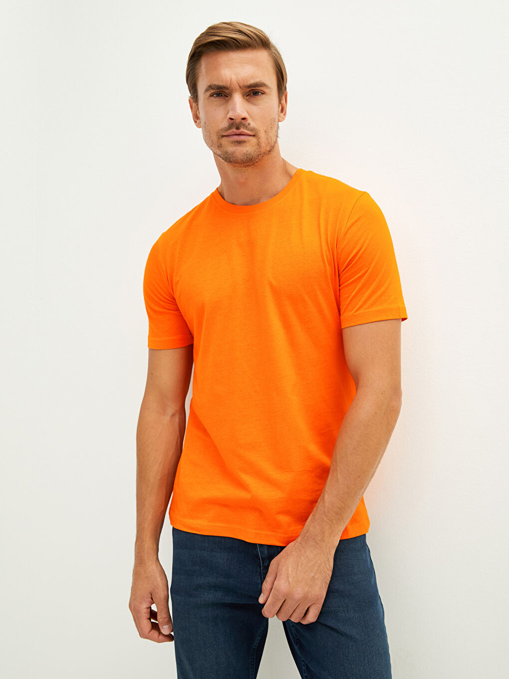 Turuncu Bisiklet Yaka Basic Kısa Kollu Pamuklu Erkek Tişört-3