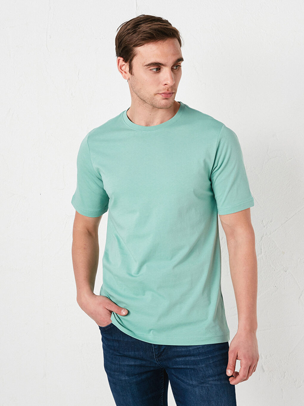 Yeşil Bisiklet Yaka Basic Kısa Kollu Pamuklu Erkek Tişört-1