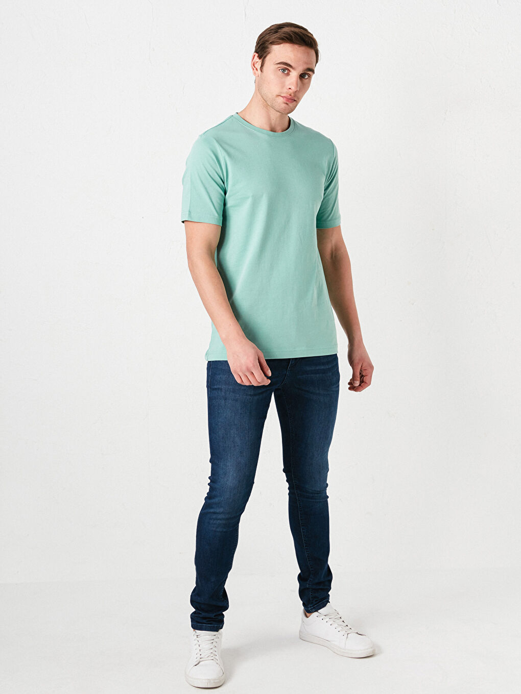 Yeşil Bisiklet Yaka Basic Kısa Kollu Pamuklu Erkek Tişört-3