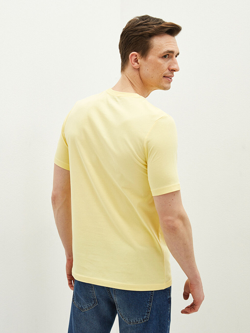 Sarı Bisiklet Yaka Basic Kısa Kollu Pamuklu Erkek Tişört-3