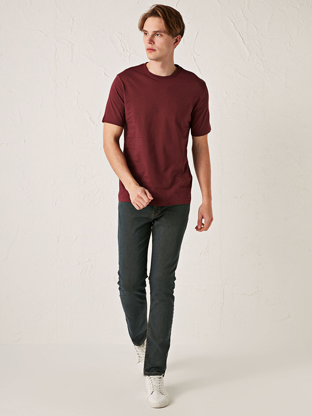 Bordo Bisiklet Yaka Basic Kısa Kollu Pamuklu Erkek Tişört-1