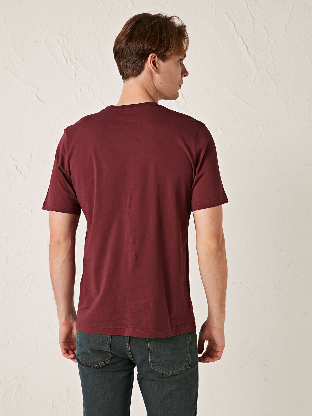 Bordo Bisiklet Yaka Basic Kısa Kollu Pamuklu Erkek Tişört-2