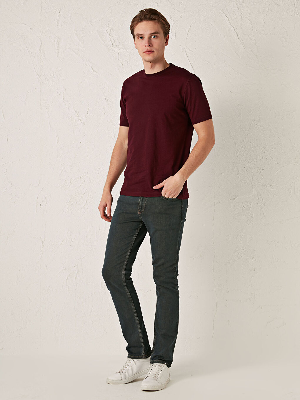 Bordo Bisiklet Yaka Basic Kısa Kollu Pamuklu Erkek Tişört-2