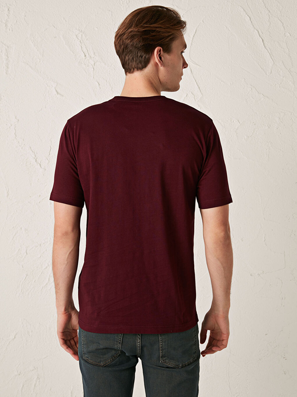 Bordo Bisiklet Yaka Basic Kısa Kollu Pamuklu Erkek Tişört-3