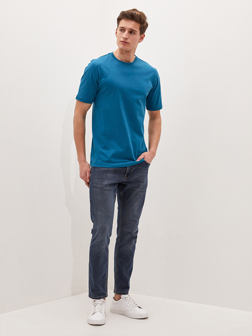 Petrol Bisiklet Yaka Basic Kısa Kollu Pamuklu Erkek Tişört-1