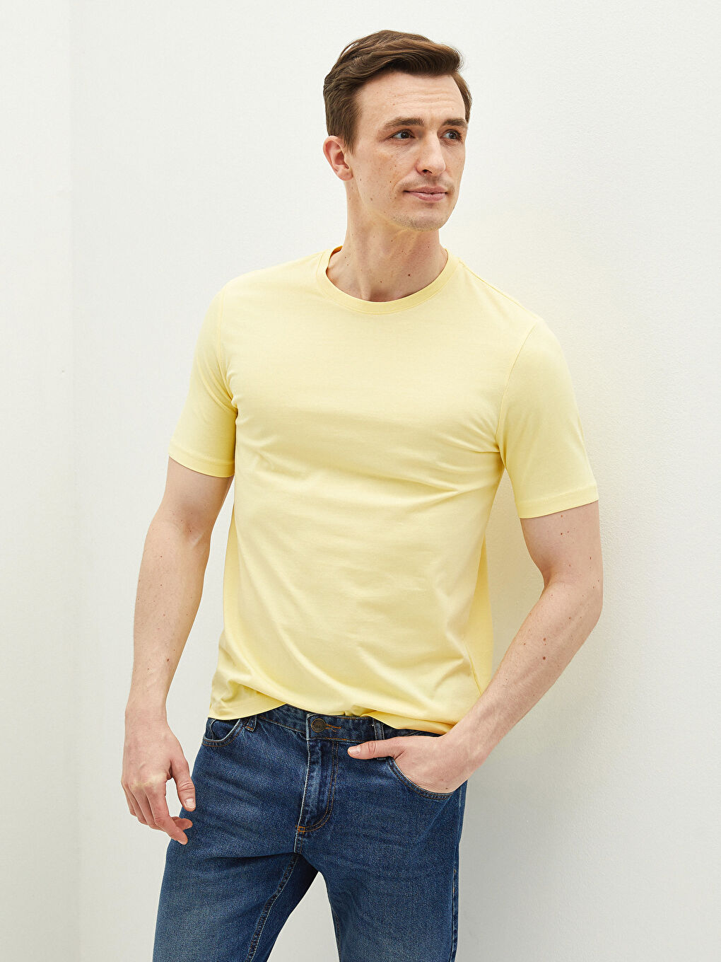 Sarı Bisiklet Yaka Basic Kısa Kollu Pamuklu Erkek Tişört-4