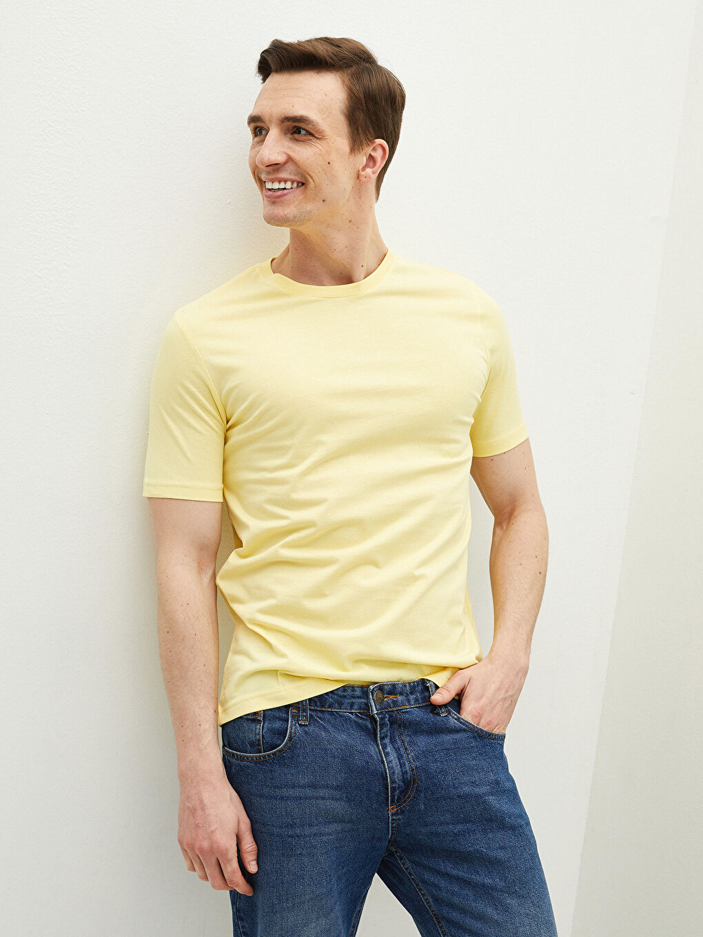 Sarı Bisiklet Yaka Basic Kısa Kollu Pamuklu Erkek Tişört