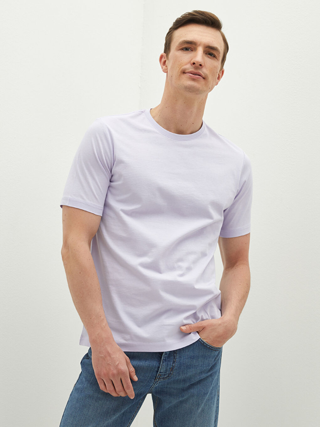 Lila Bisiklet Yaka Basic Kısa Kollu Pamuklu Erkek Tişört