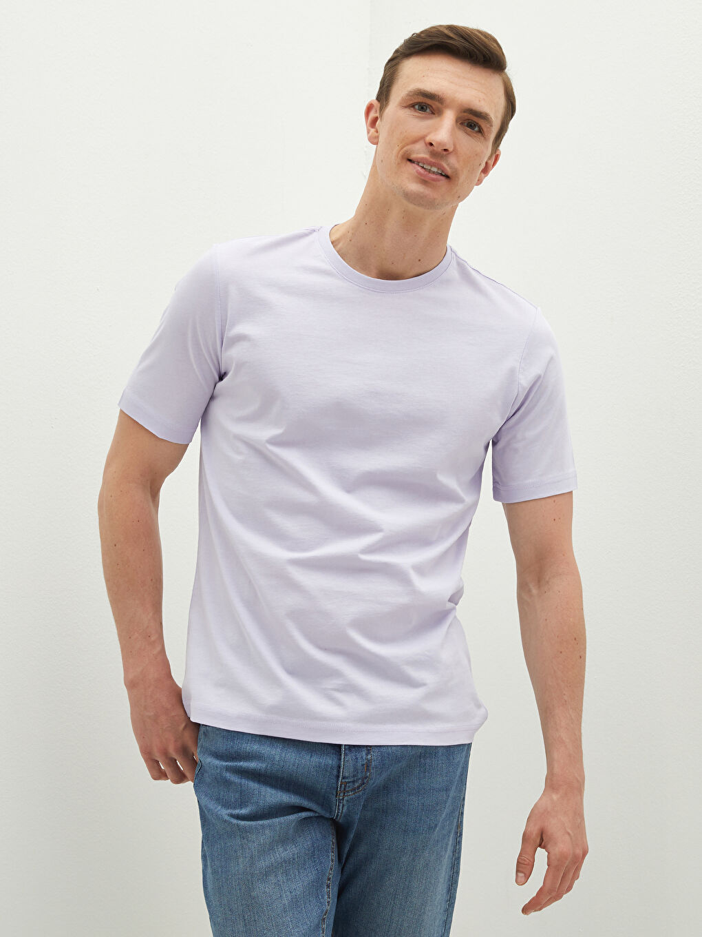 Lila Bisiklet Yaka Basic Kısa Kollu Pamuklu Erkek Tişört-1