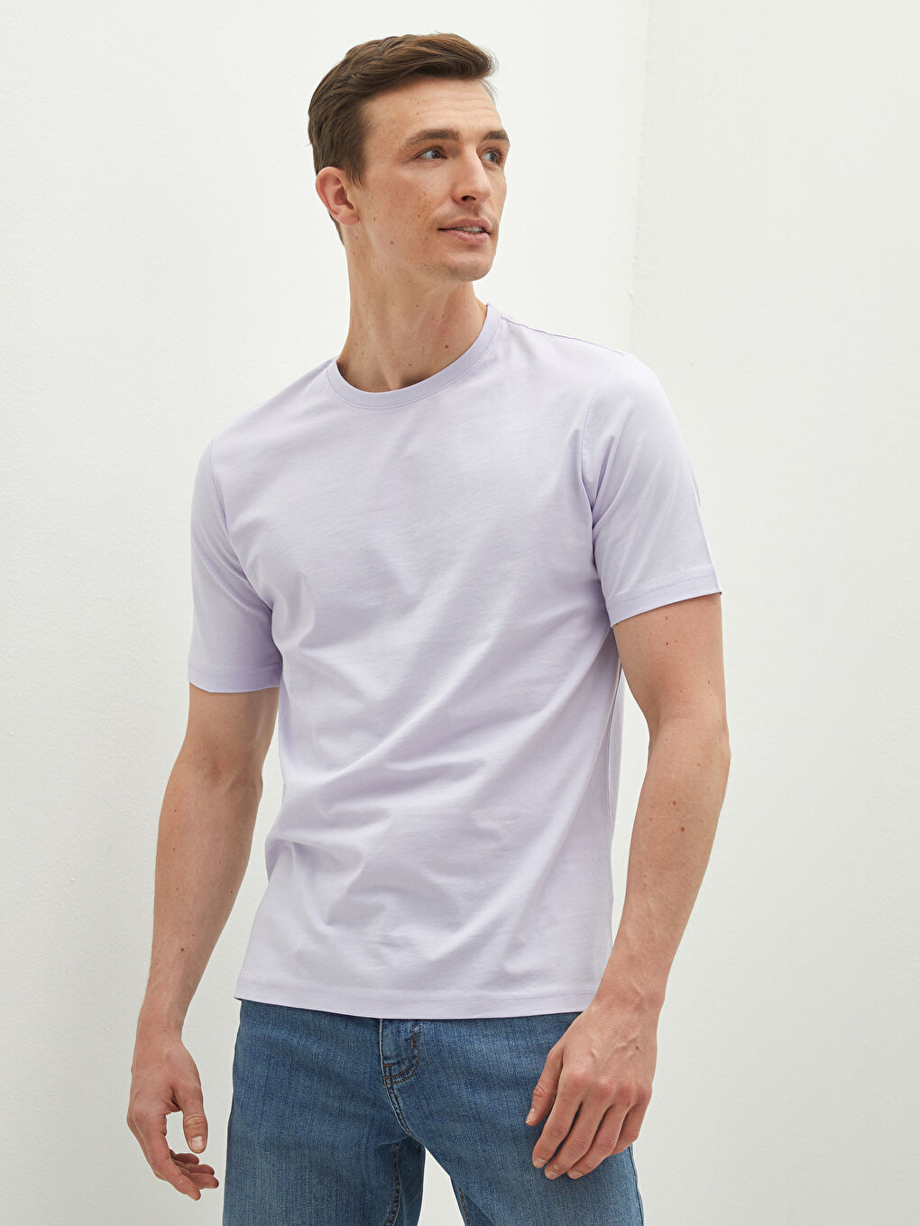 Lila Bisiklet Yaka Basic Kısa Kollu Pamuklu Erkek Tişört-2