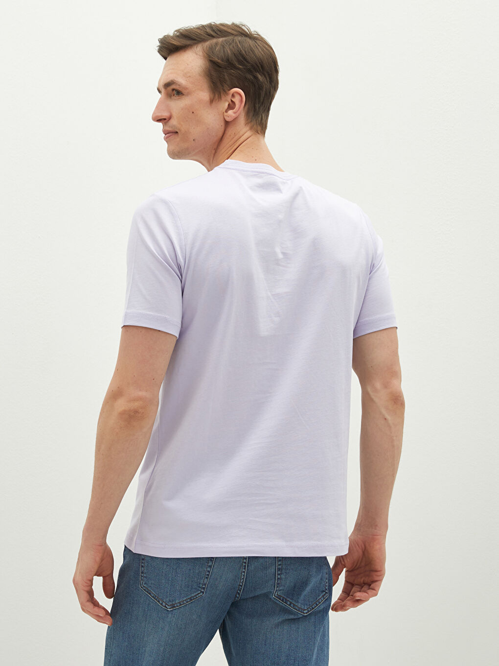 Lila Bisiklet Yaka Basic Kısa Kollu Pamuklu Erkek Tişört-4