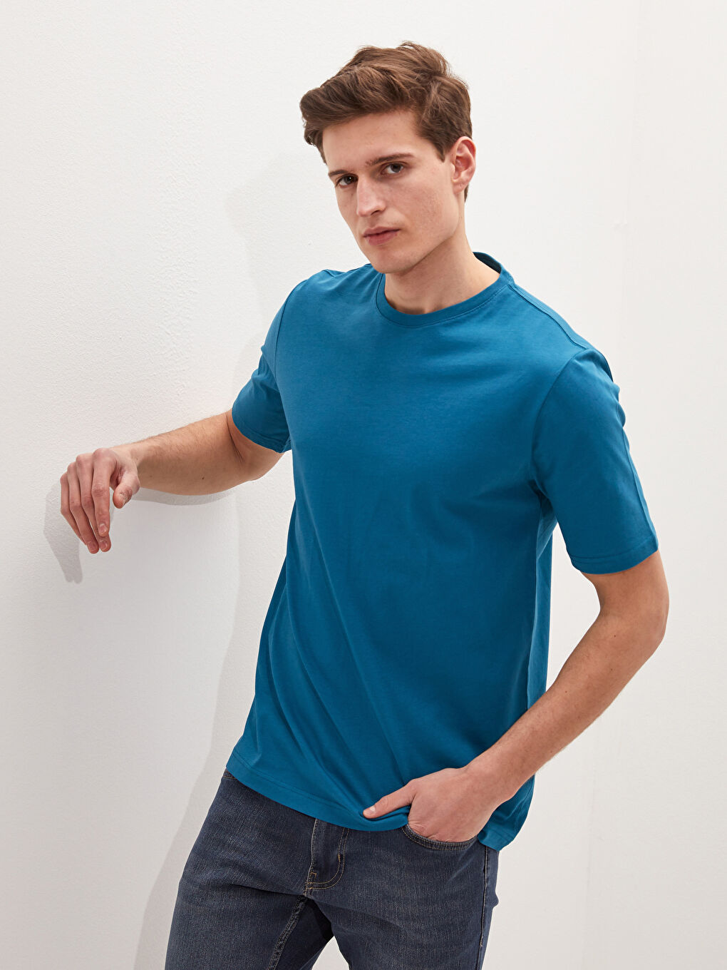 Petrol Bisiklet Yaka Basic Kısa Kollu Pamuklu Erkek Tişört-4