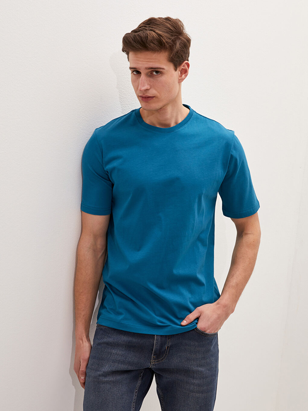 Petrol Bisiklet Yaka Basic Kısa Kollu Pamuklu Erkek Tişört