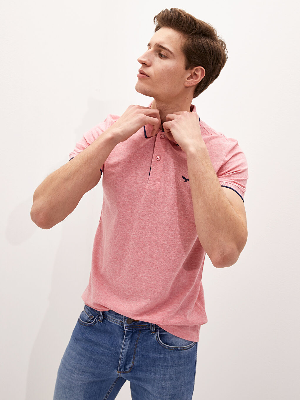 Pembe Polo Yaka Kısa Kollu Pike Erkek Tişört-1