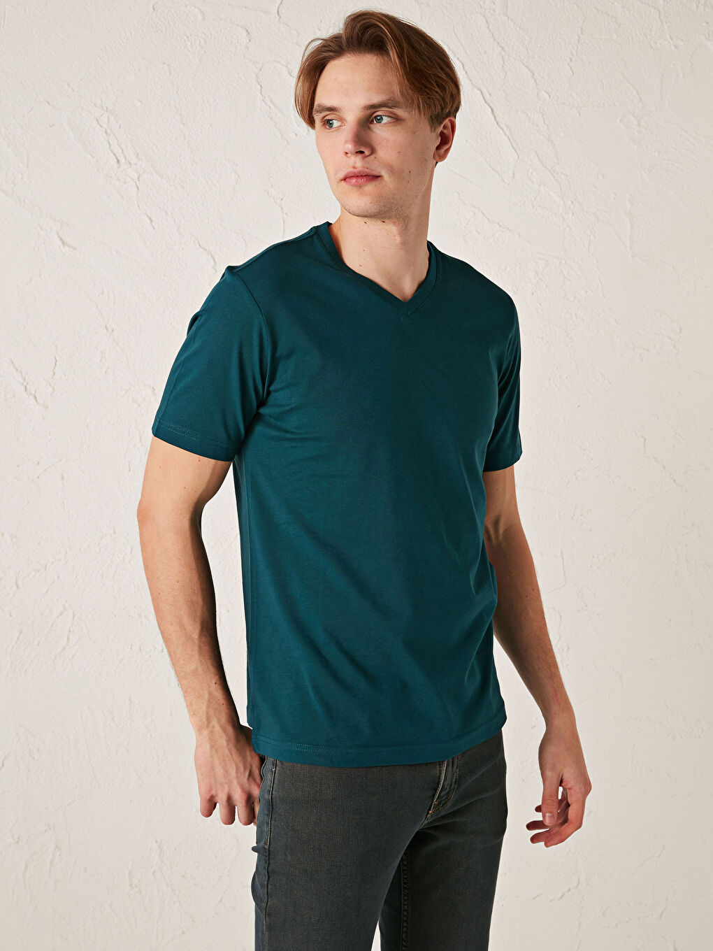 Yeşil V Yaka Kısa Kollu Basic Erkek Tişört