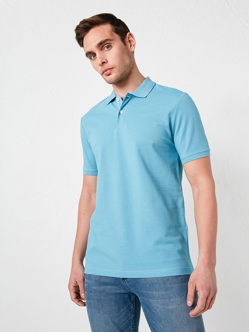 Mavi Polo Yaka Kısa Kollu Pamuklu Erkek Tişört-1