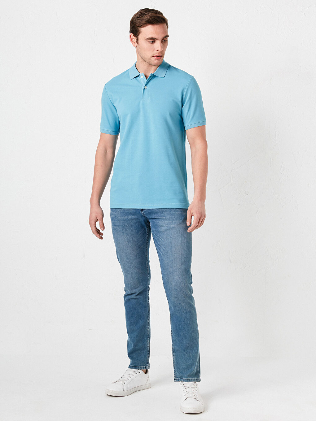 Mavi Polo Yaka Kısa Kollu Pamuklu Erkek Tişört-3