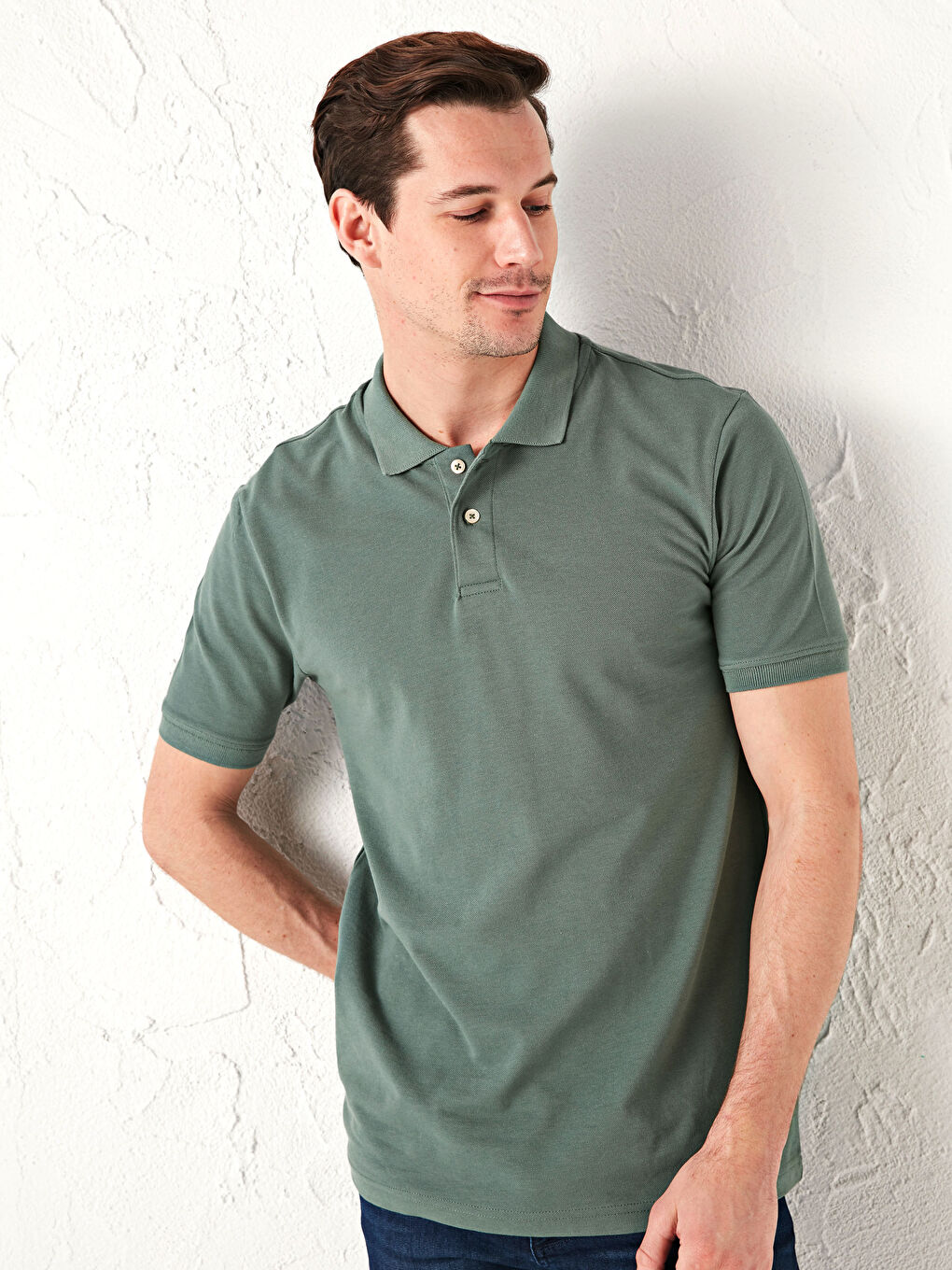Yeşil Polo Yaka Kısa Kollu Pamuklu Erkek Tişört-1