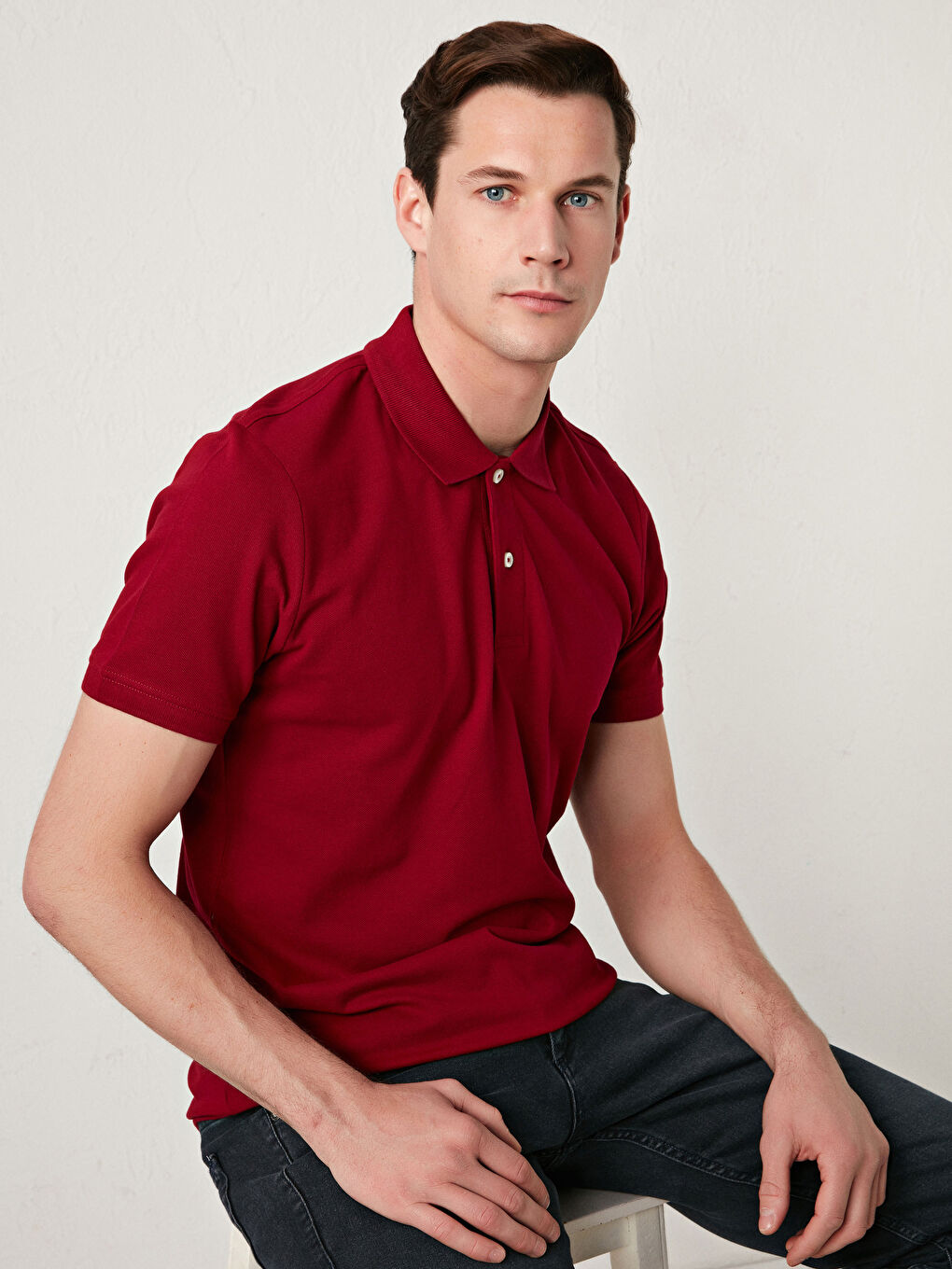 Bordo Polo Yaka Kısa Kollu Pamuklu Erkek Tişört