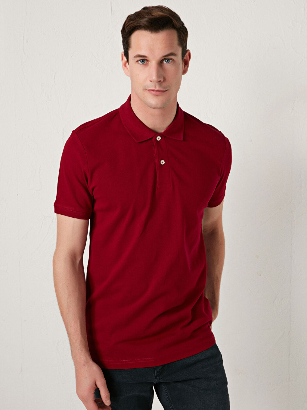 Bordo Polo Yaka Kısa Kollu Pamuklu Erkek Tişört-1