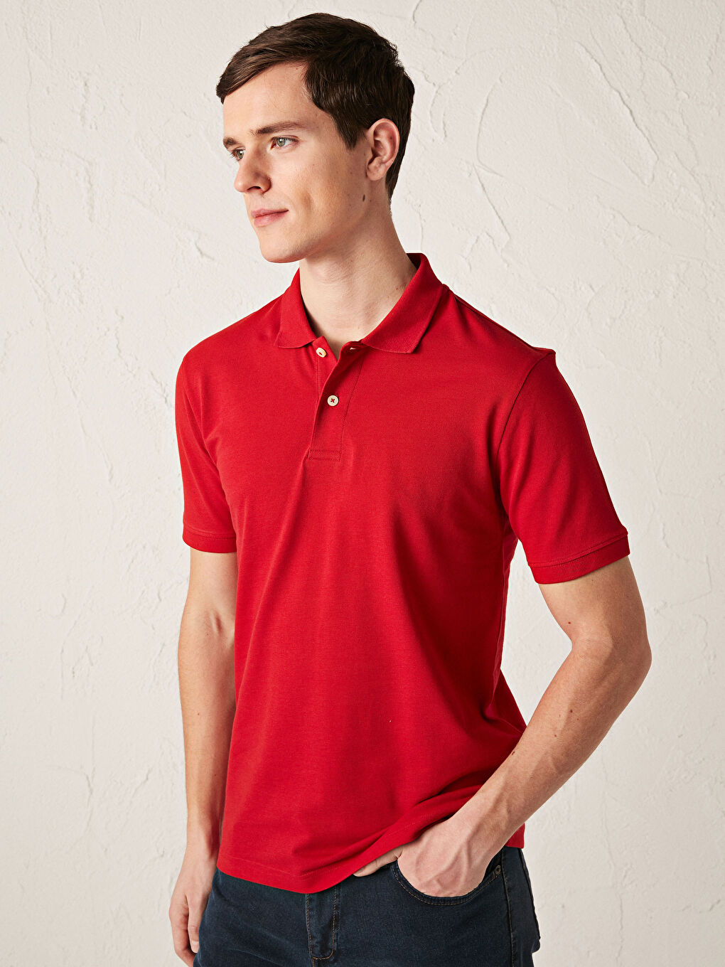 Kırmızı Polo Yaka Kısa Kollu Pamuklu Erkek Tişört-1