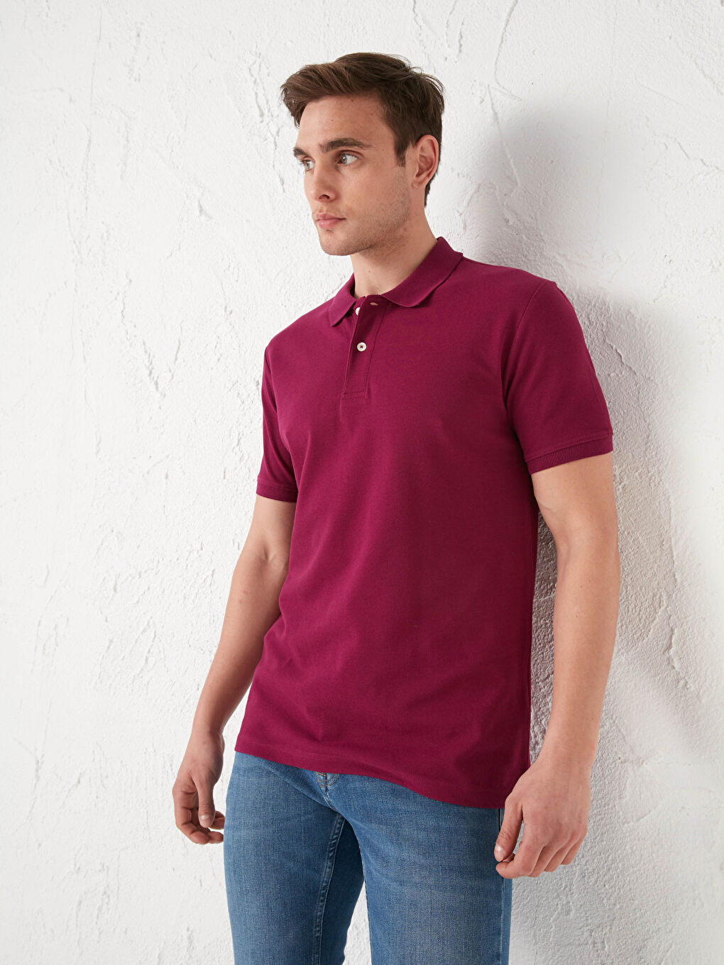 Fuşya Polo Yaka Kısa Kollu Pamuklu Erkek Tişört-1