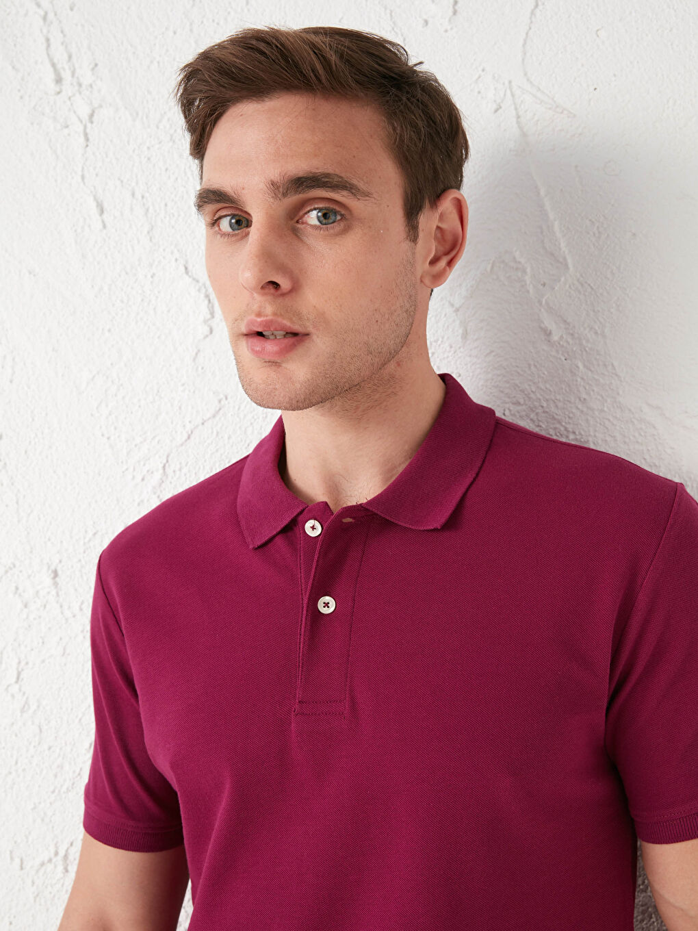 Fuşya Polo Yaka Kısa Kollu Pamuklu Erkek Tişört-2