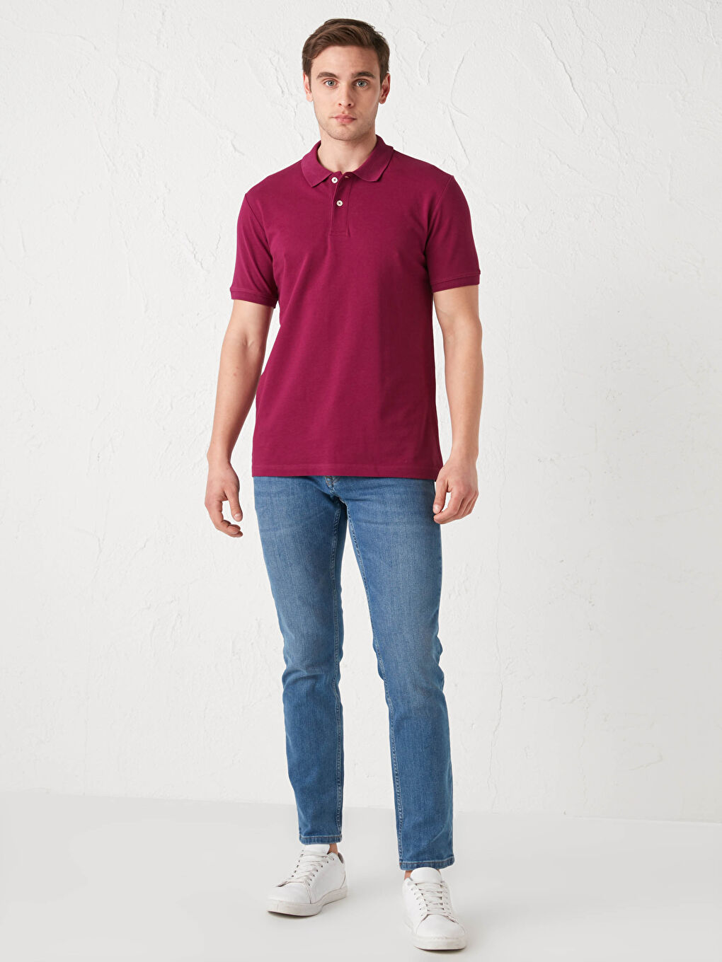 Fuşya Polo Yaka Kısa Kollu Pamuklu Erkek Tişört-3