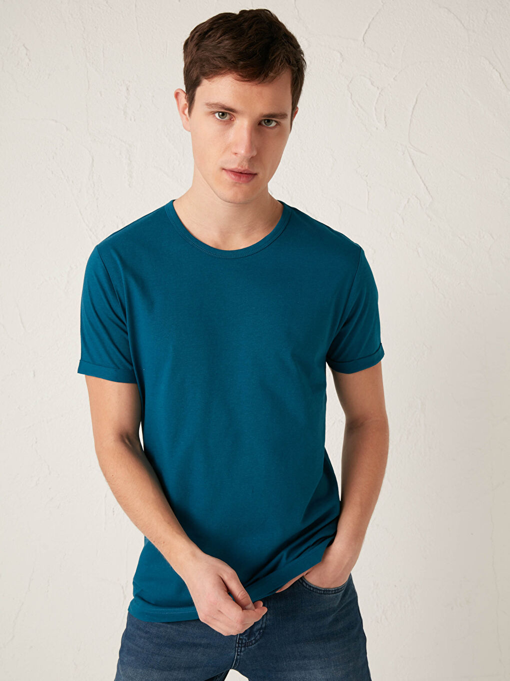 Petrol Bisiklet Yaka Kısa Kollu Basic Penye Erkek Tişört