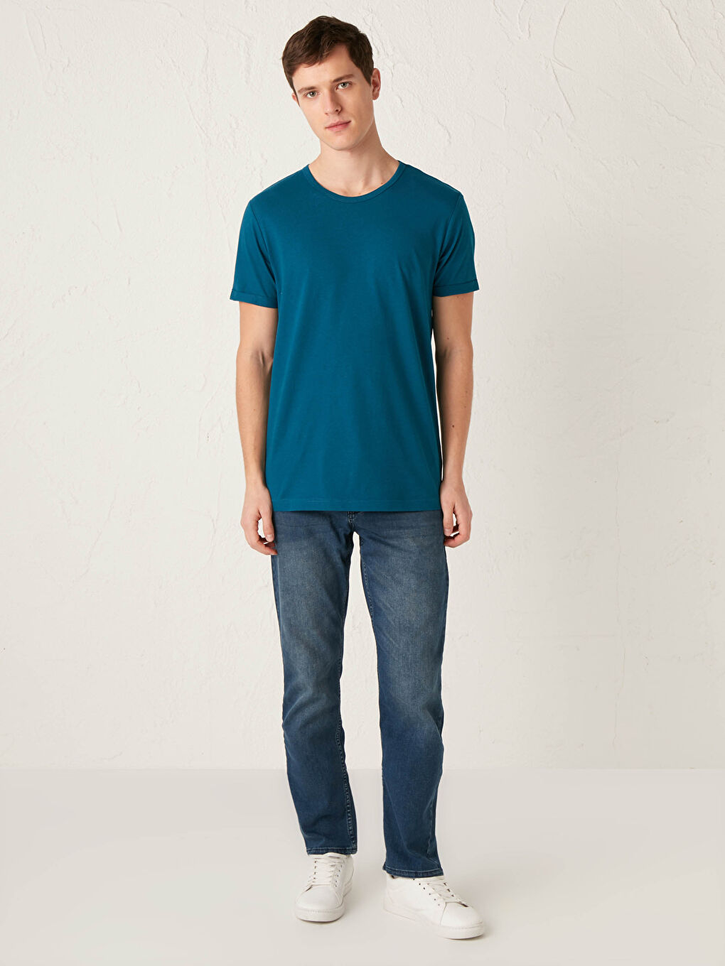 Petrol Bisiklet Yaka Kısa Kollu Basic Penye Erkek Tişört-1