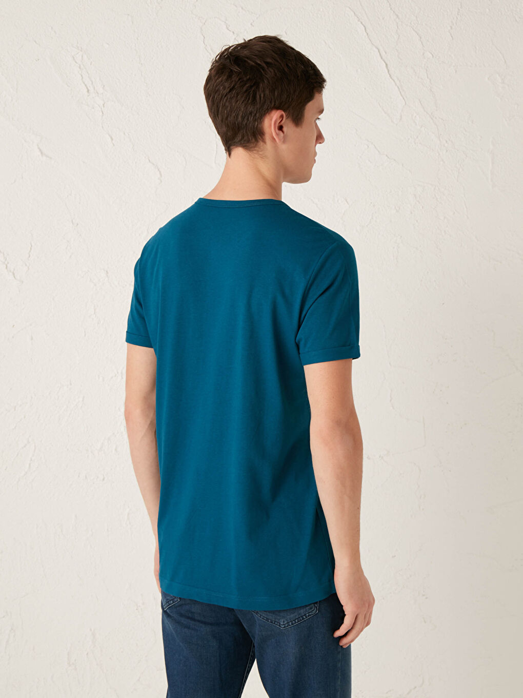 Petrol Bisiklet Yaka Kısa Kollu Basic Penye Erkek Tişört-2