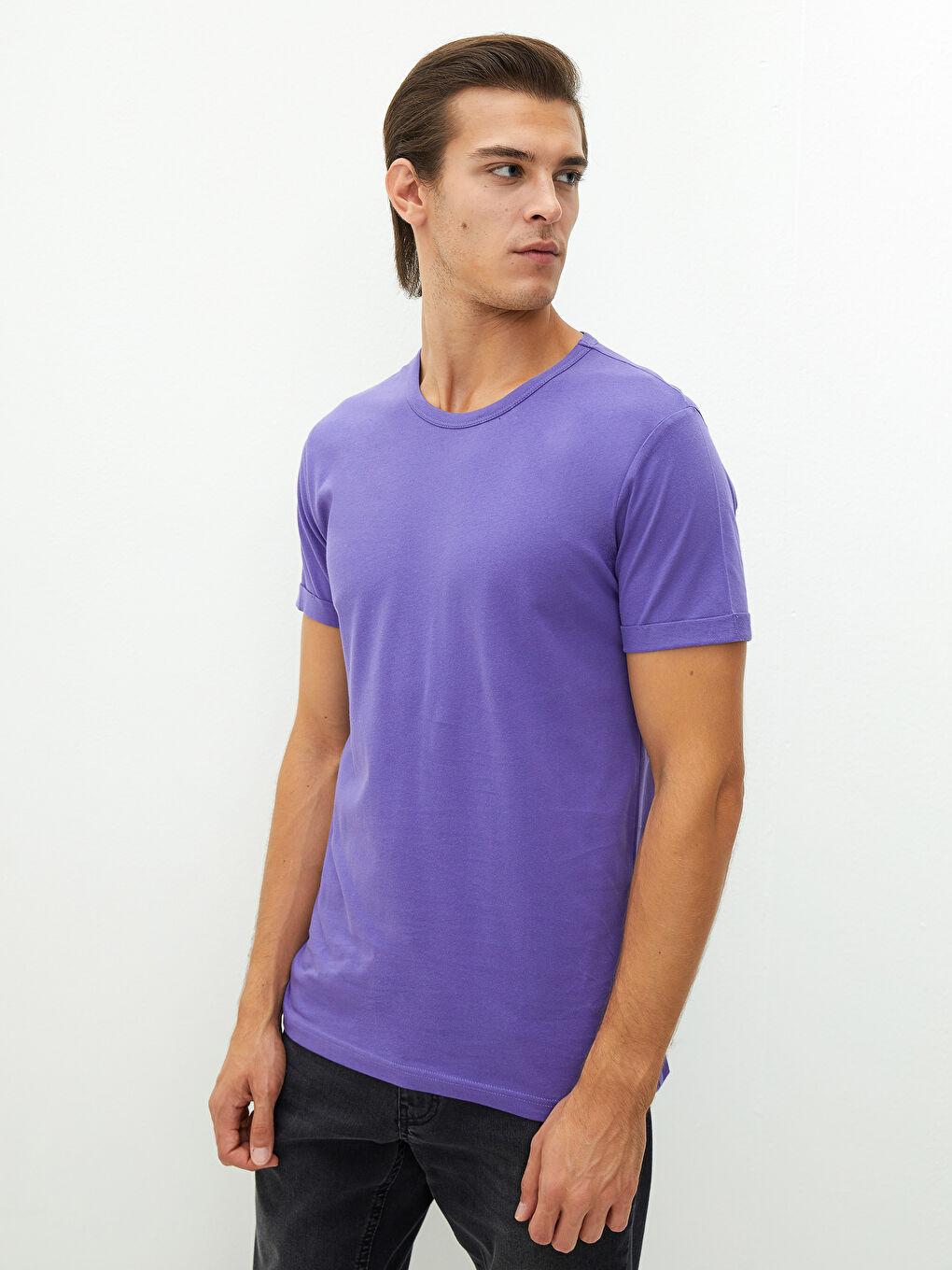 Mor Bisiklet Yaka Kısa Kollu Basic Penye Erkek Tişört