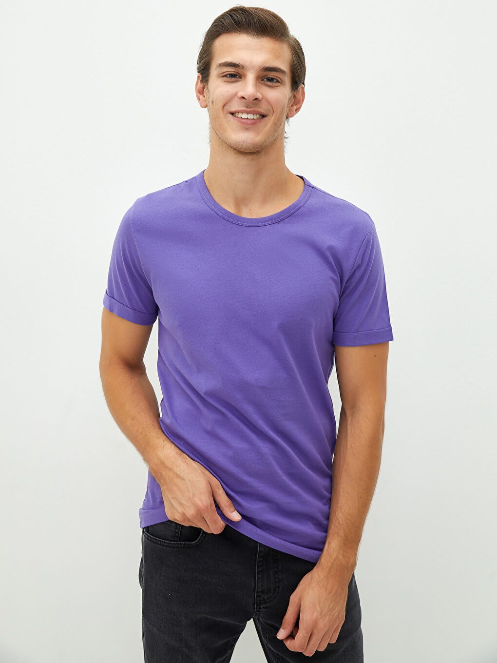 Mor Bisiklet Yaka Kısa Kollu Basic Penye Erkek Tişört-1