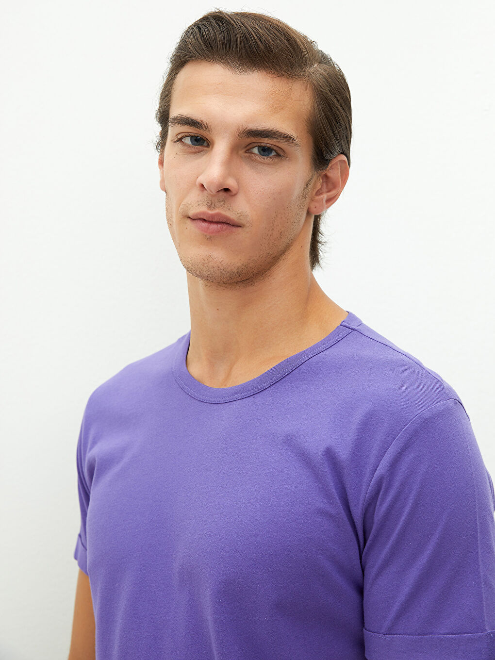 Mor Bisiklet Yaka Kısa Kollu Basic Penye Erkek Tişört-2