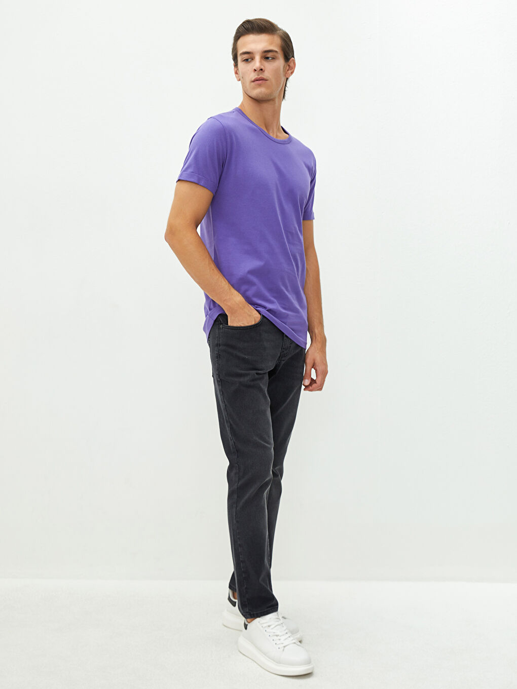 Mor Bisiklet Yaka Kısa Kollu Basic Penye Erkek Tişört-3