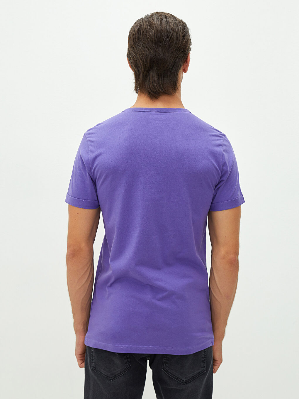 Mor Bisiklet Yaka Kısa Kollu Basic Penye Erkek Tişört-4