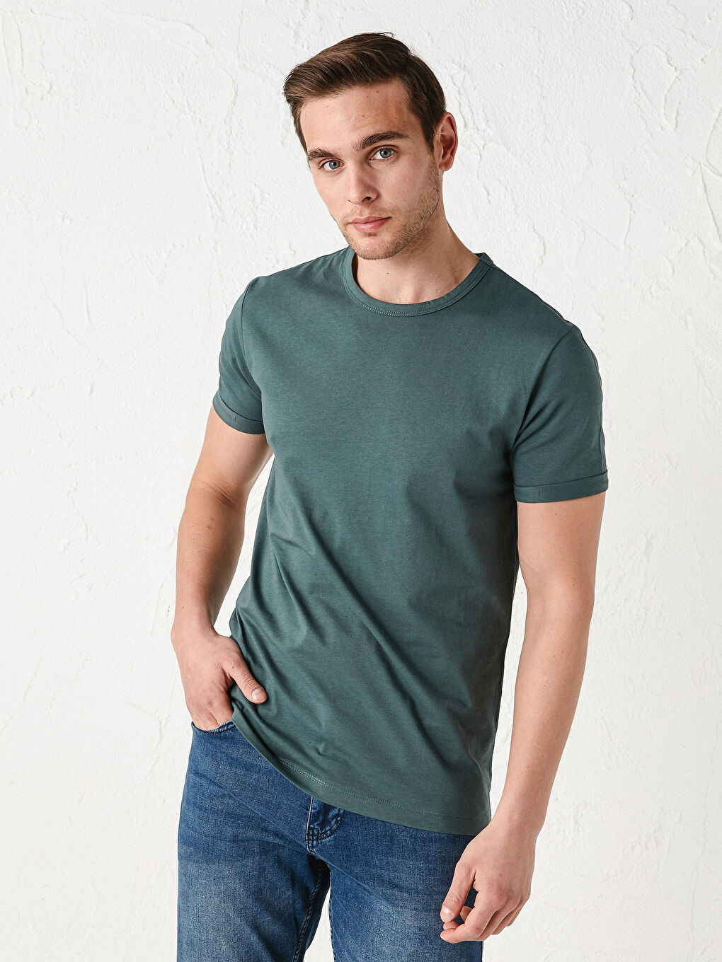 Yeşil Bisiklet Yaka Kısa Kollu Basic Penye Erkek Tişört-1