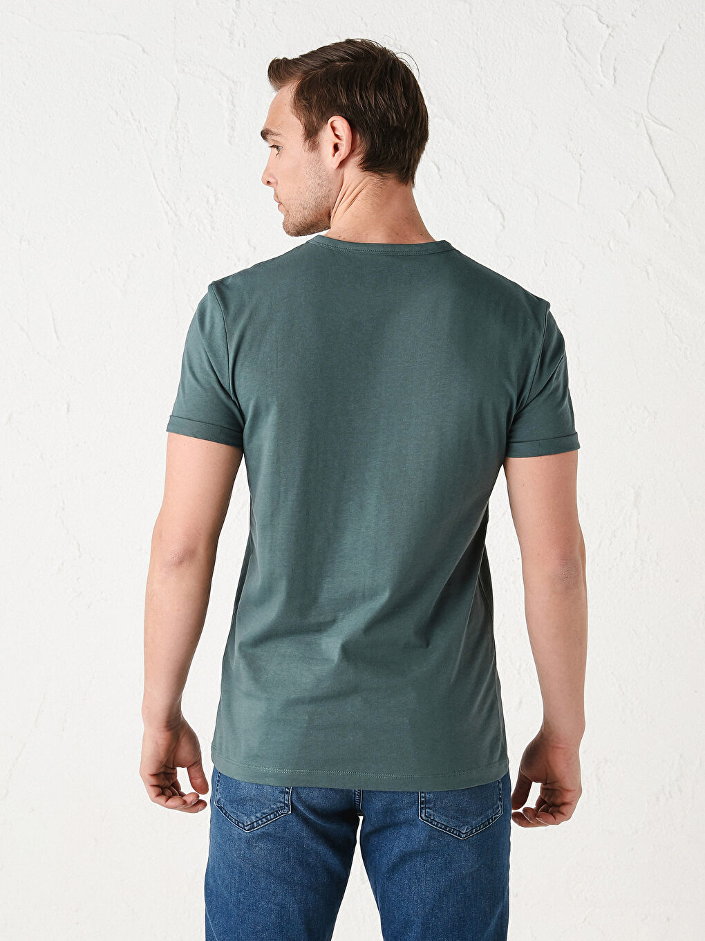 Yeşil Bisiklet Yaka Kısa Kollu Basic Penye Erkek Tişört-4