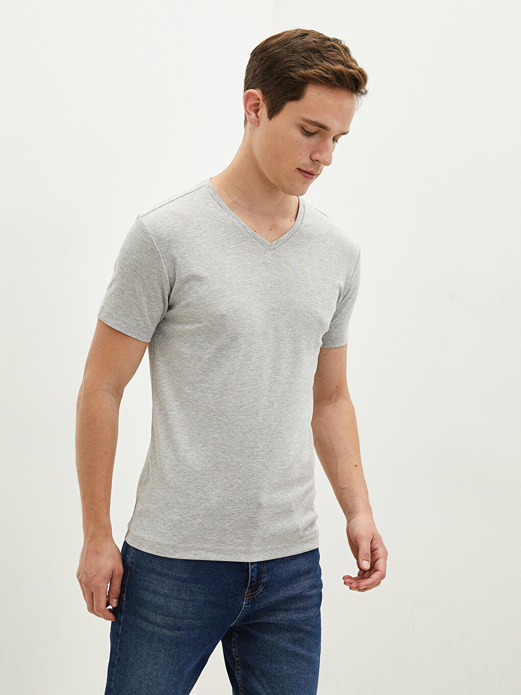 T-shirt Me Jakë Në Formë V-je, Me Mëngë Të Shkurtra, E Thjeshtë, Pambuk I Krehur Për Burra
