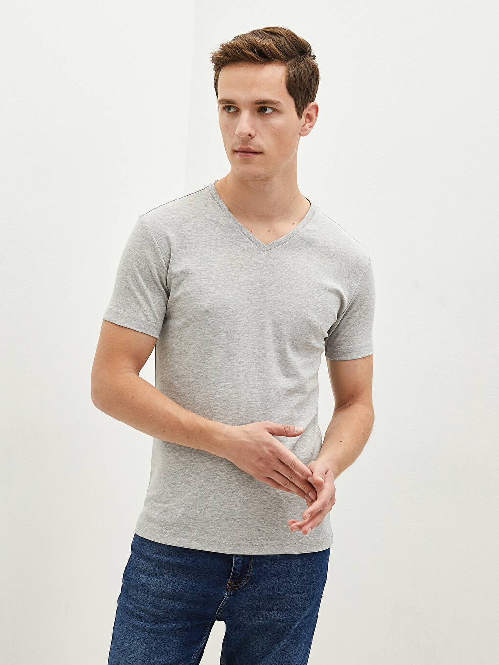 T-shirt Me Jakë Në Formë V-je, Me Mëngë Të Shkurtra, E Thjeshtë, Pambuk I Krehur Për Burra-1