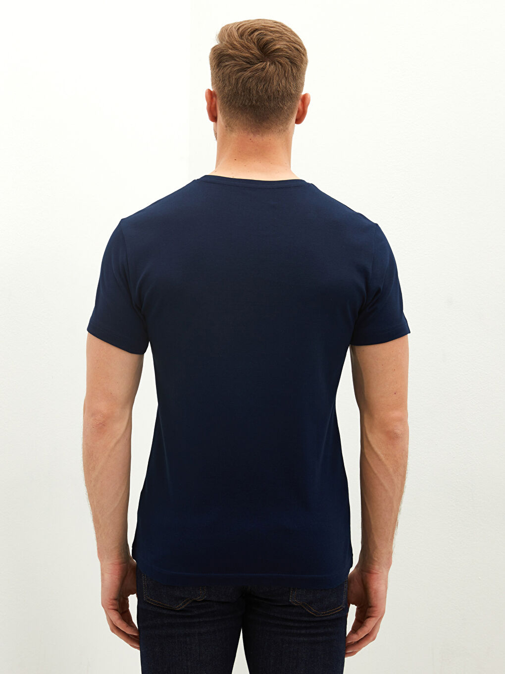 Lacivert V Yaka Kısa Kollu Basic Penye Erkek Tişört-4