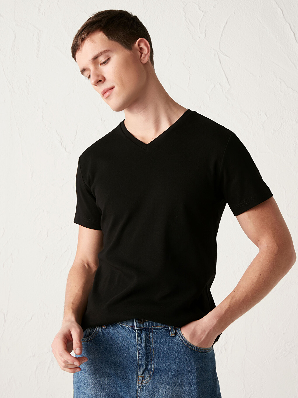 T-shirt Me Jakë Në Formë V-je, Me Mëngë Të Shkurtra, E Thjeshtë, Pambuk I Krehur Për Burra