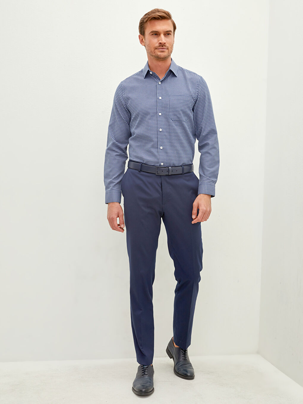 Regular Fit Long Sleeve Plaid Gabardine Men's Shirt-2