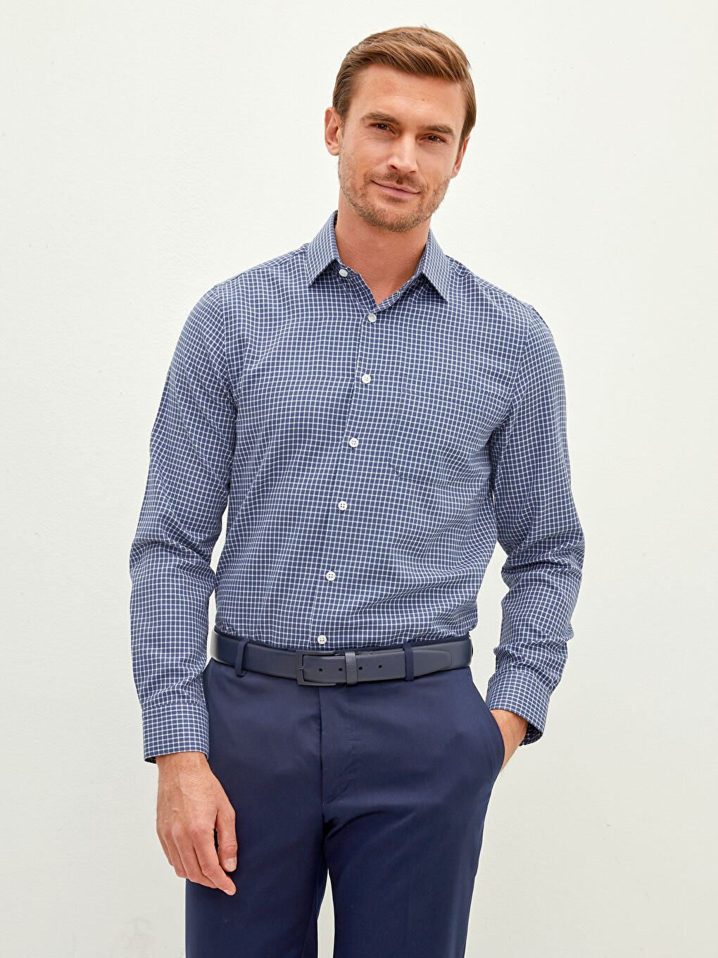 Regular Fit Long Sleeve Plaid Gabardine Men's Shirt-1